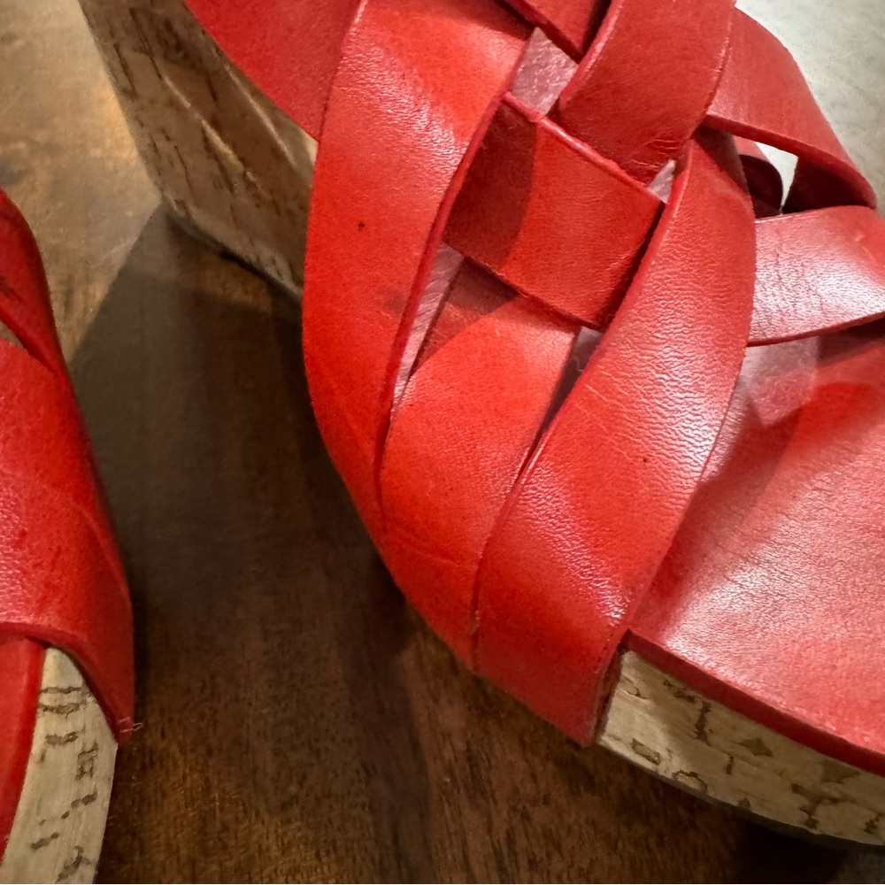 Tory Burch Red Leather Cork Wedge Sandals - Picture 7 of 11